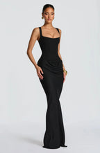 Women's fitted open-back square-neck evening dress