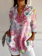 Women's floral print button-front vacation blouse