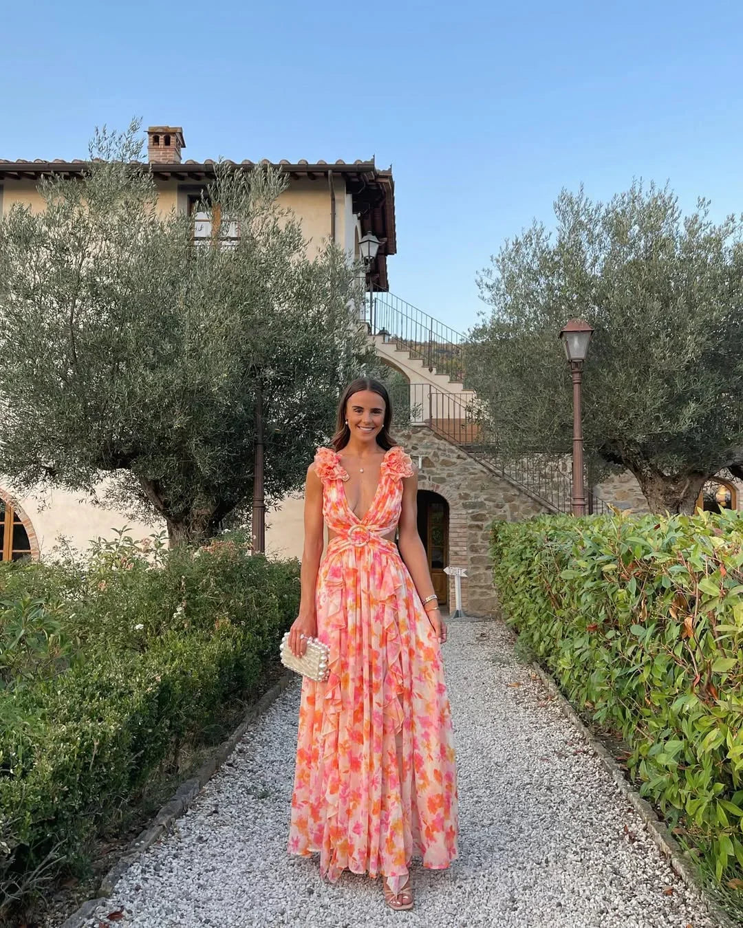 Women's floral ruffle-shoulder maxi wedding guest dress