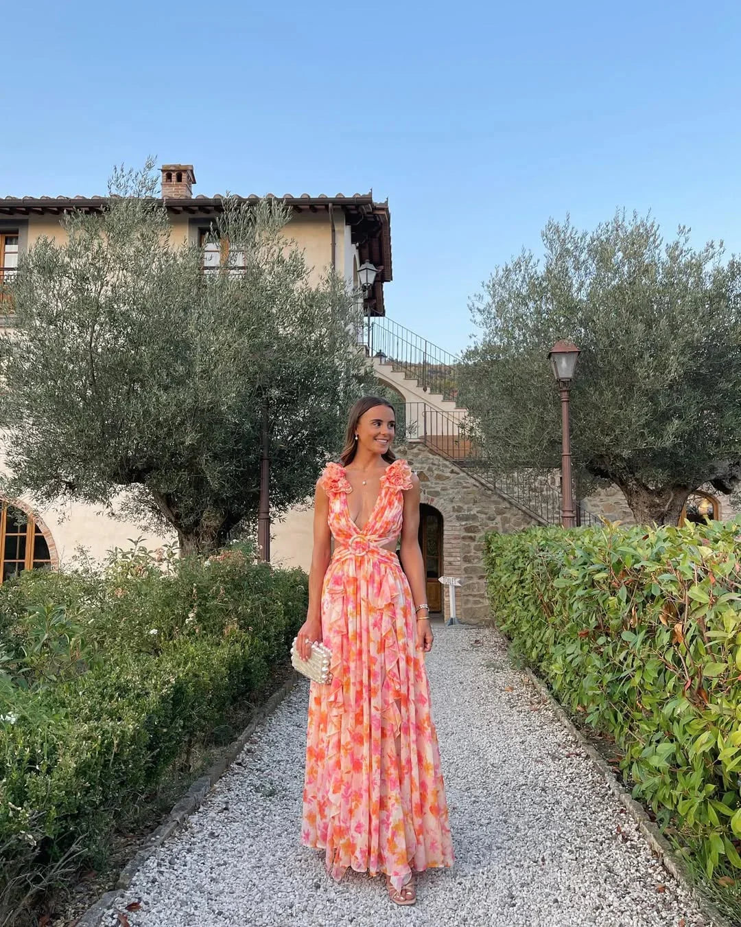 Women's floral ruffle-shoulder maxi wedding guest dress