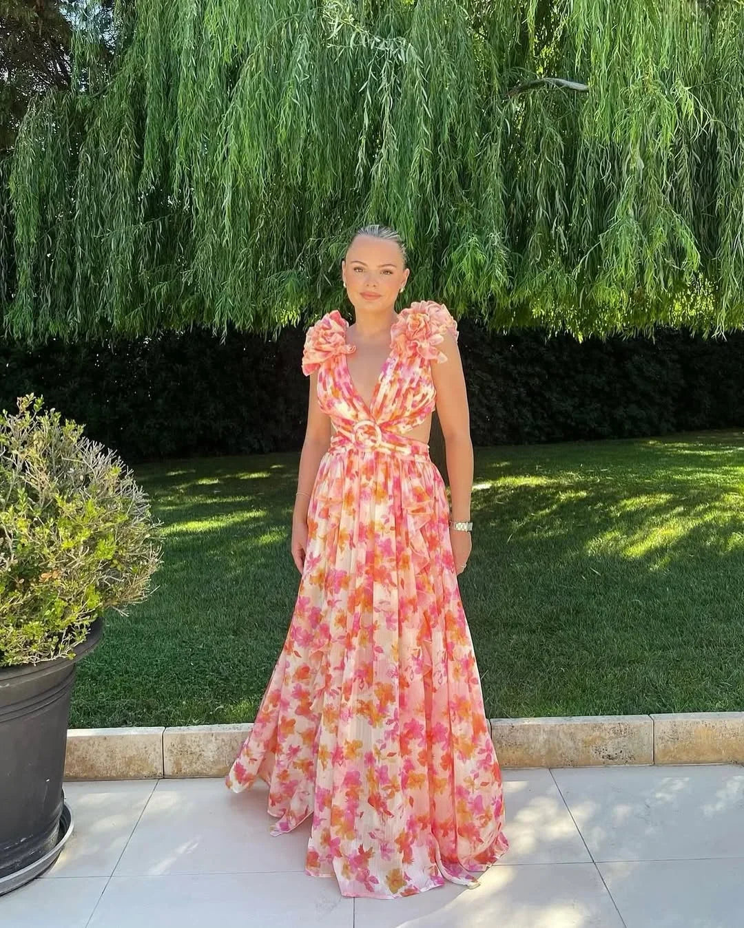 Women's floral ruffle-shoulder maxi wedding guest dress