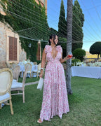 Women's floral ruffle-shoulder maxi wedding guest dress