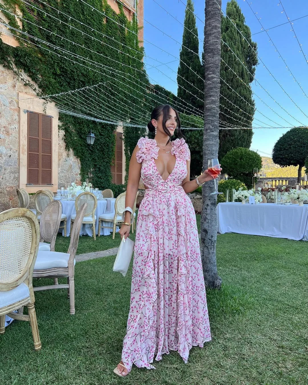 Women's floral ruffle-shoulder maxi wedding guest dress