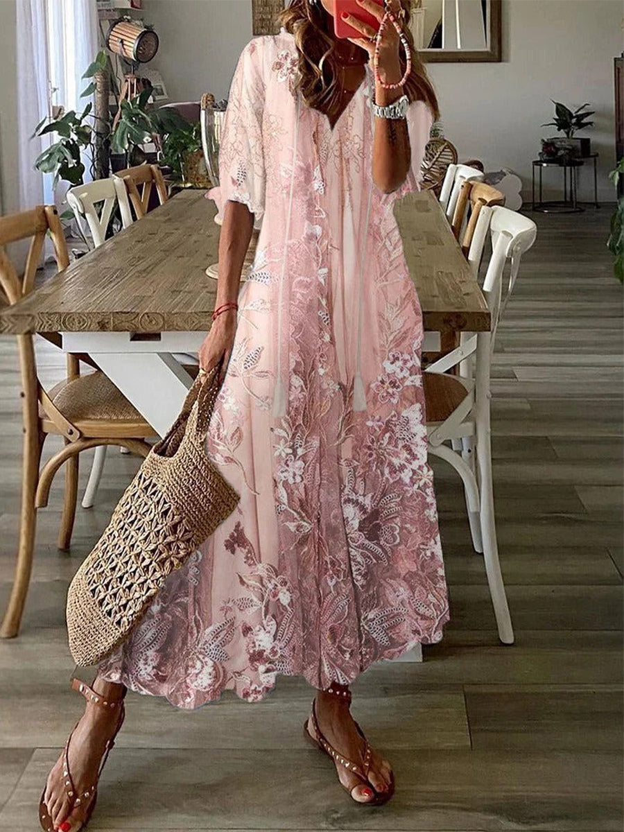 Women's half-sleeve lace floral vacation maxi dress