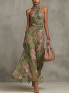 Women's halter floral maxi wedding guest dress