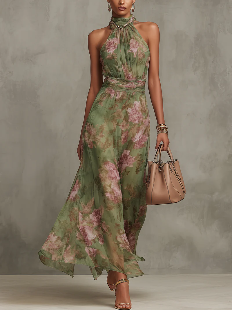 Women's halter floral maxi wedding guest dress