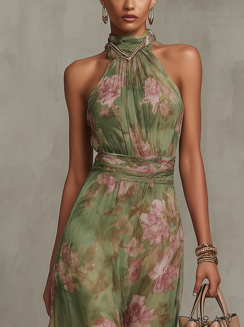 Women's halter floral maxi wedding guest dress