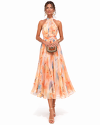 Women's halter neck open-back midi wedding guest dress