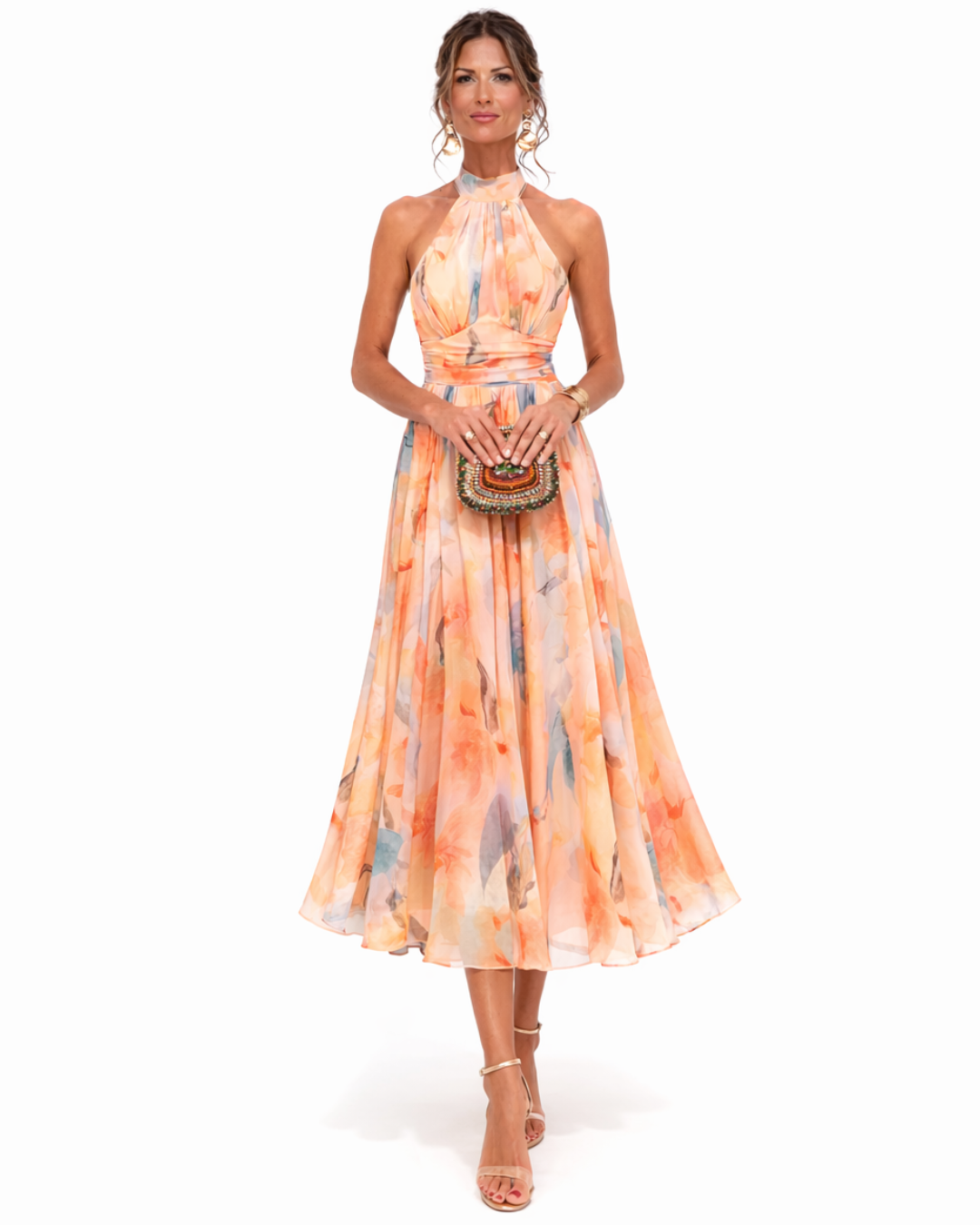 Women's halter neck open-back midi wedding guest dress