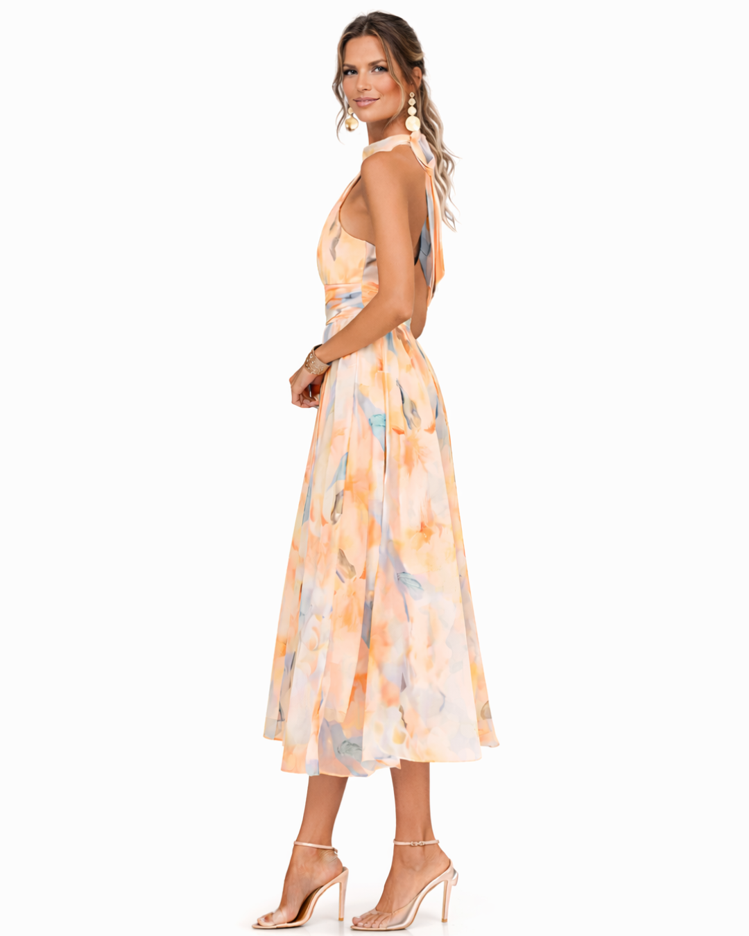Women's halter neck open-back midi wedding guest dress