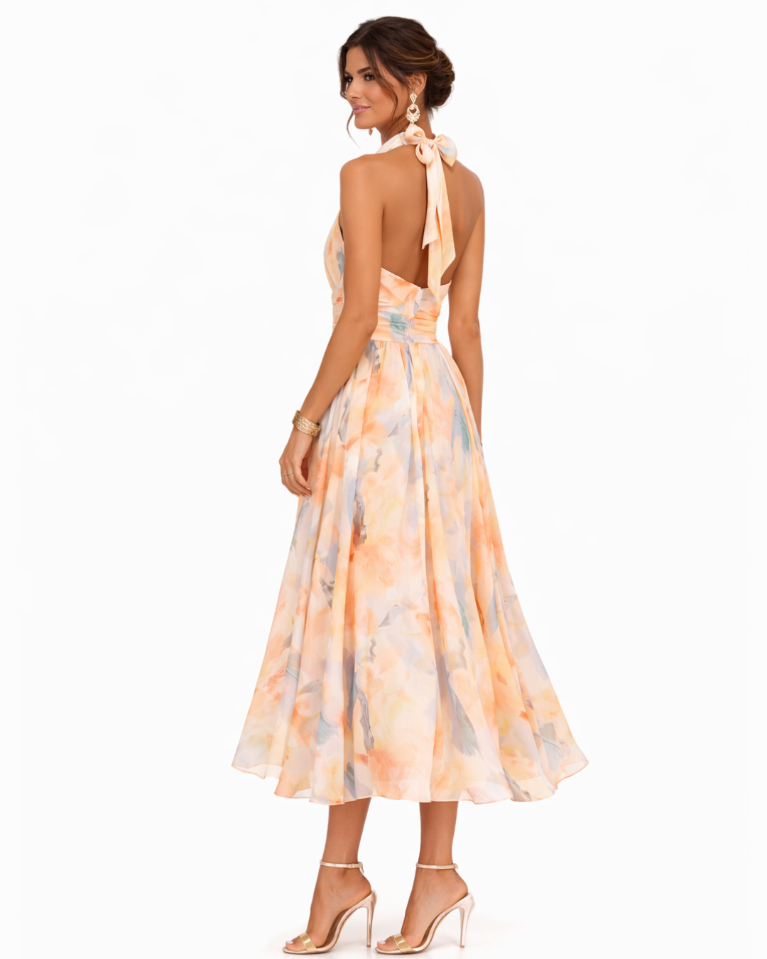 Women's halter neck open-back midi wedding guest dress