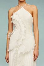 Women's halter neck ruffle maxi wedding guest dress