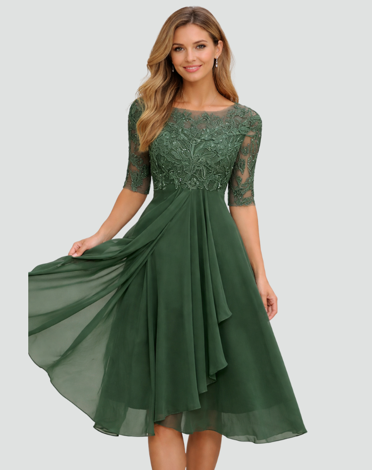 Women's lace bodice midi wedding guest dress