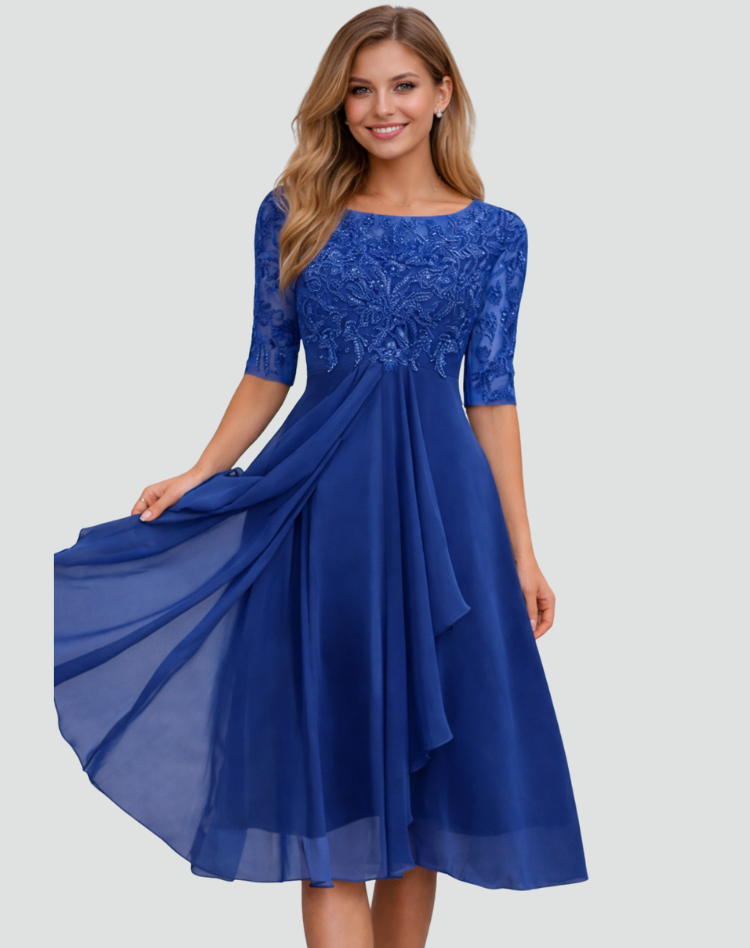 Women's lace bodice midi wedding guest dress