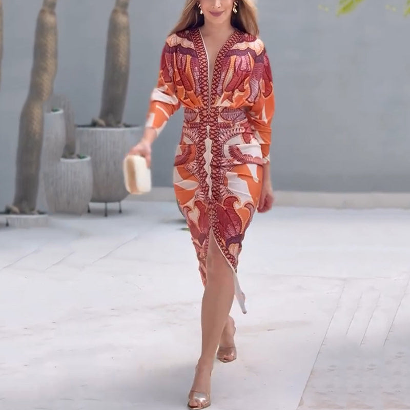 Women's long sleeve v-neck midi dress