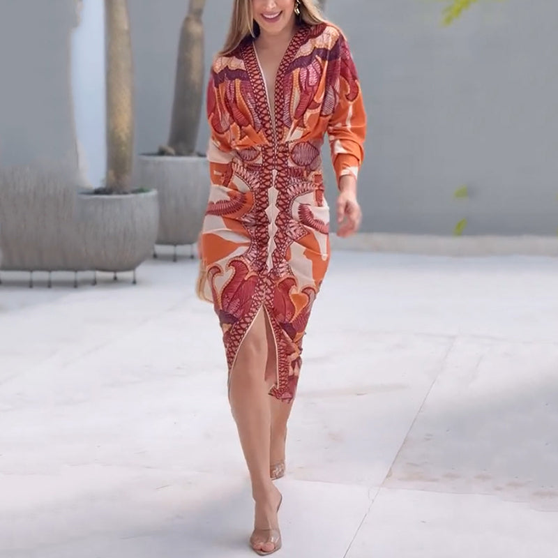 Women's long sleeve v-neck midi dress