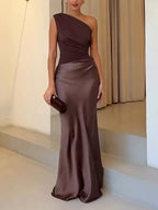 Women's one-shoulder pleated evening maxi dress