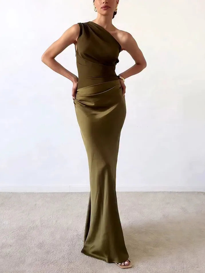 Women's one-shoulder pleated evening maxi dress