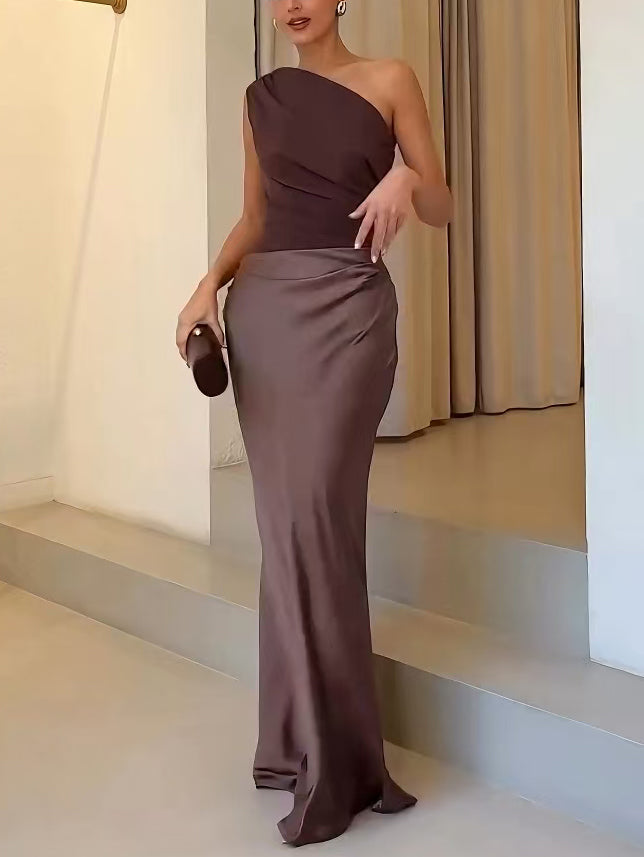 Women's one-shoulder pleated evening maxi dress