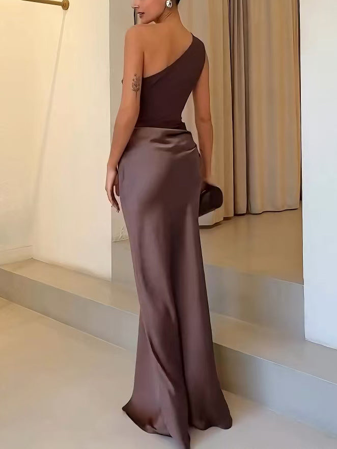 Women's one-shoulder pleated evening maxi dress