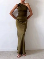 Women's one-shoulder pleated evening maxi dress