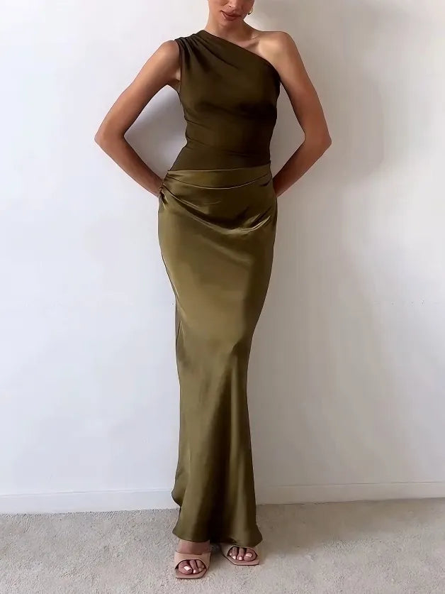 Women's one-shoulder pleated evening maxi dress
