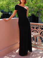 Women's one-shoulder ruched maxi evening dress