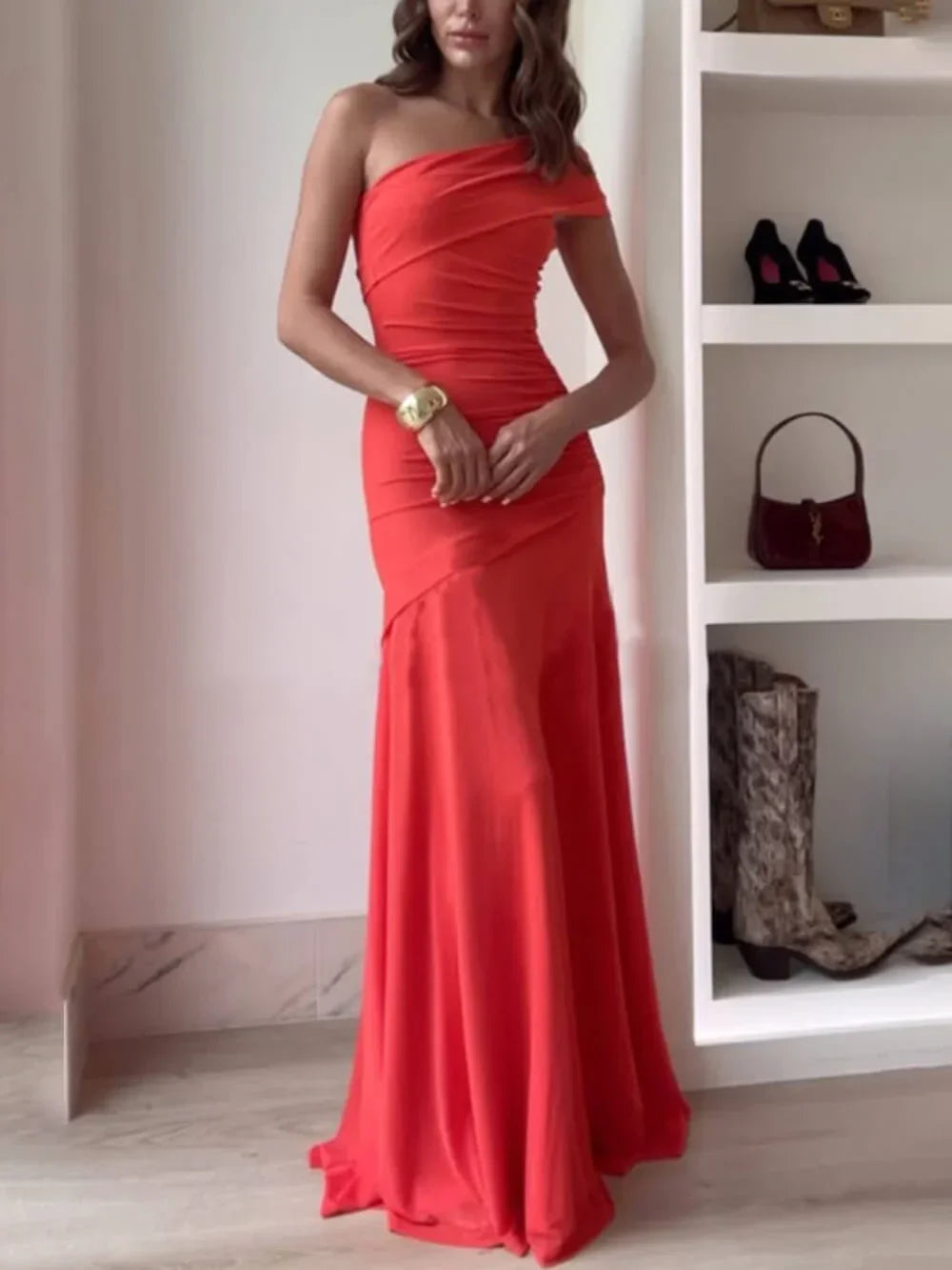Women's one-shoulder ruched maxi evening dress