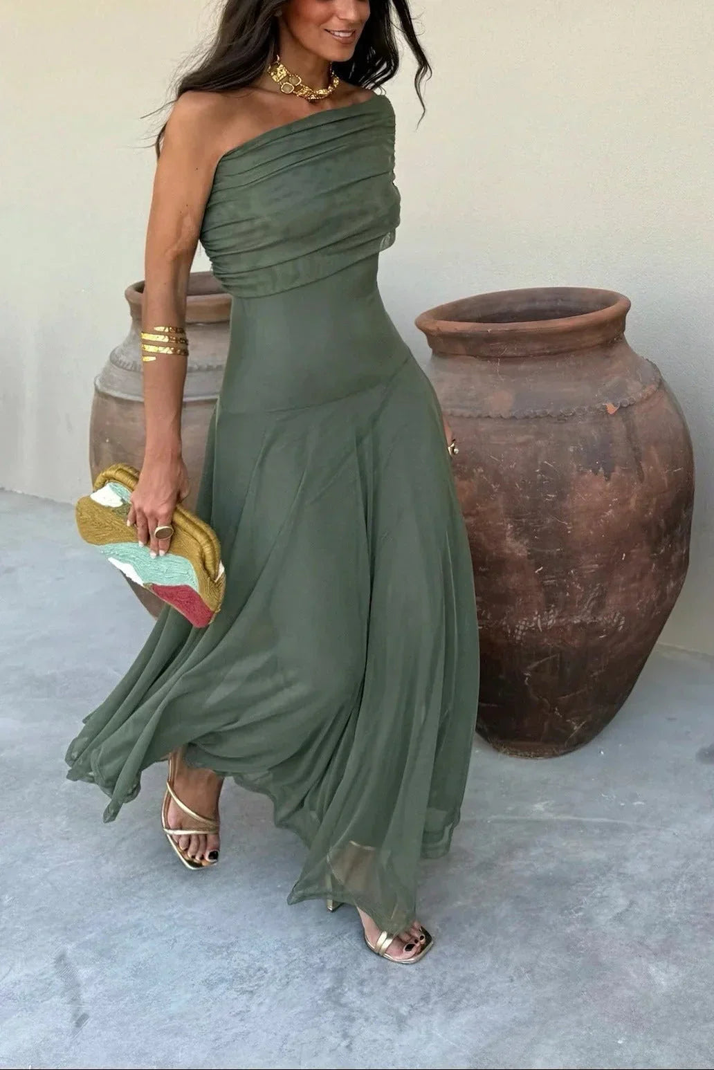 Women's pleated one-shoulder maxi dress