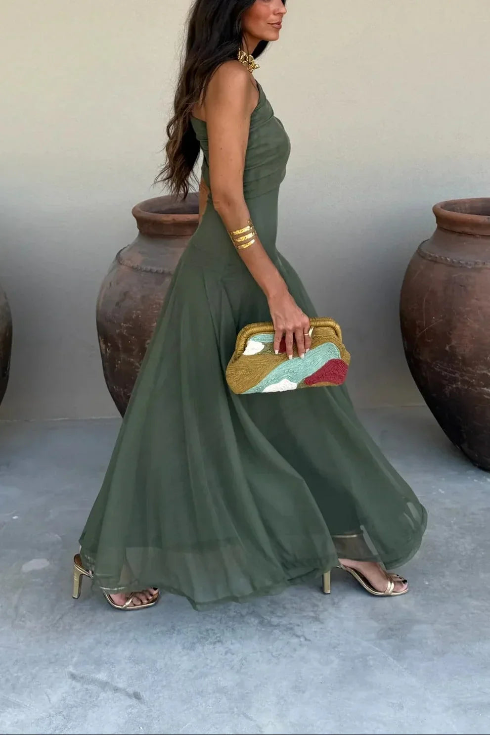 Women's pleated one-shoulder maxi dress