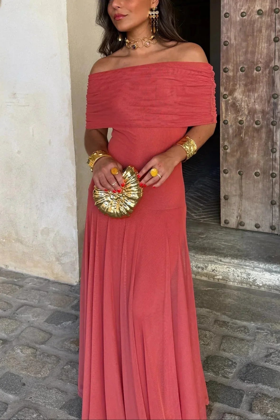 Women's pleated one-shoulder maxi dress