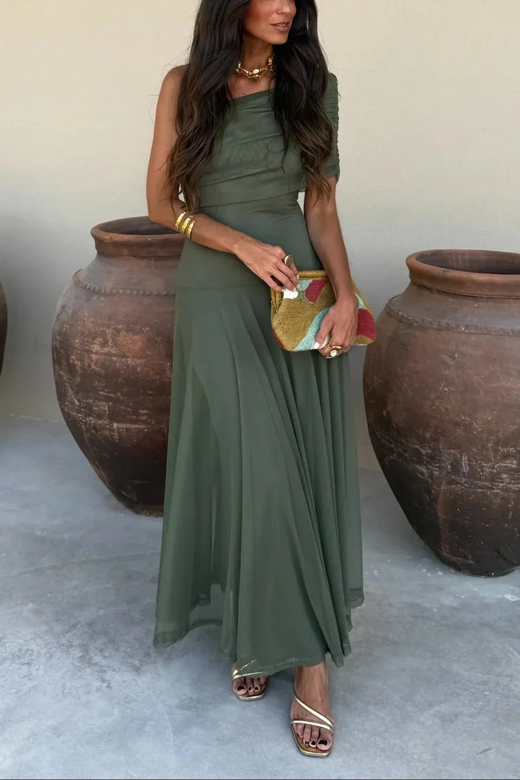Women's pleated one-shoulder maxi dress
