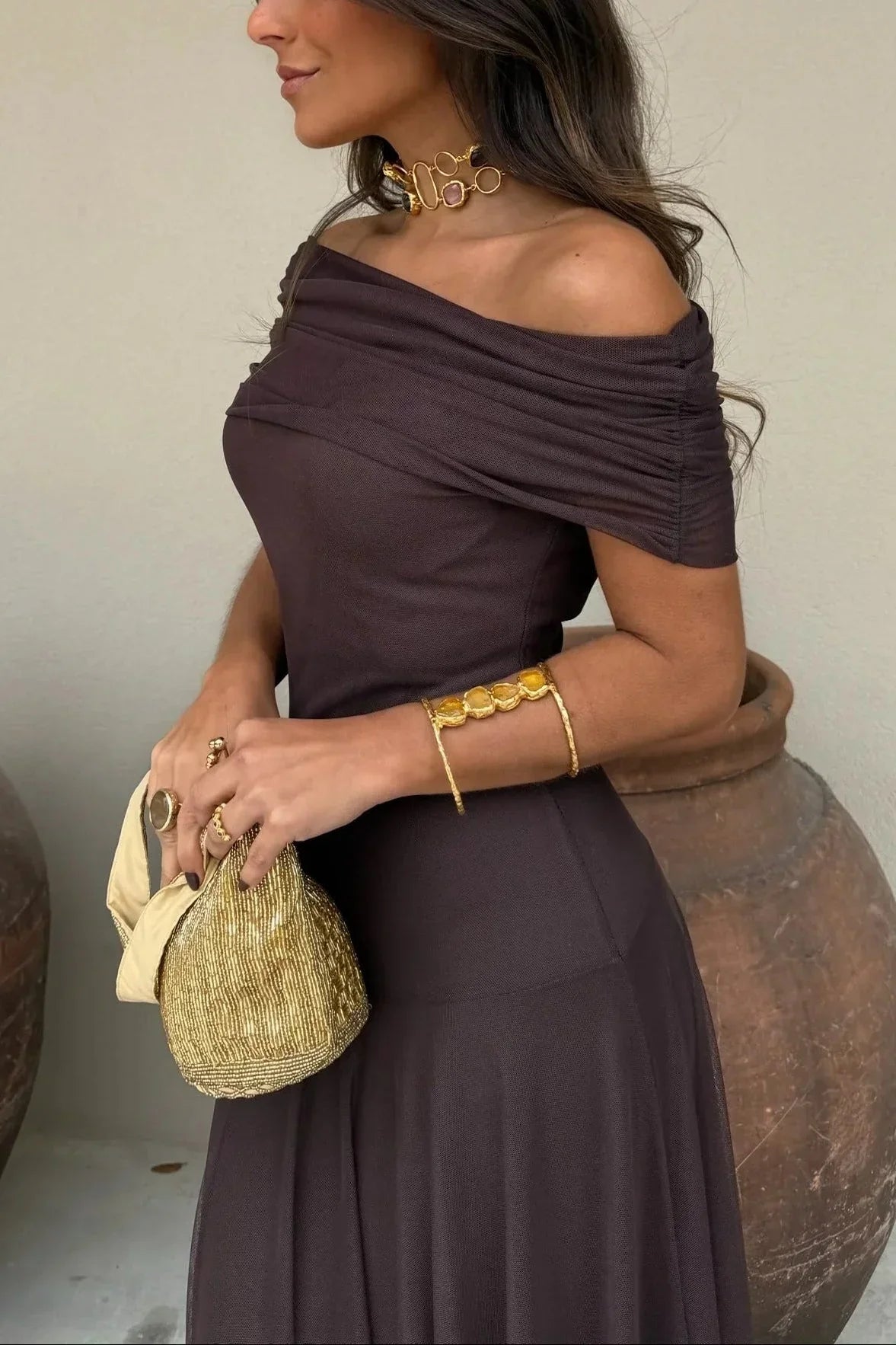 Women's pleated one-shoulder maxi dress