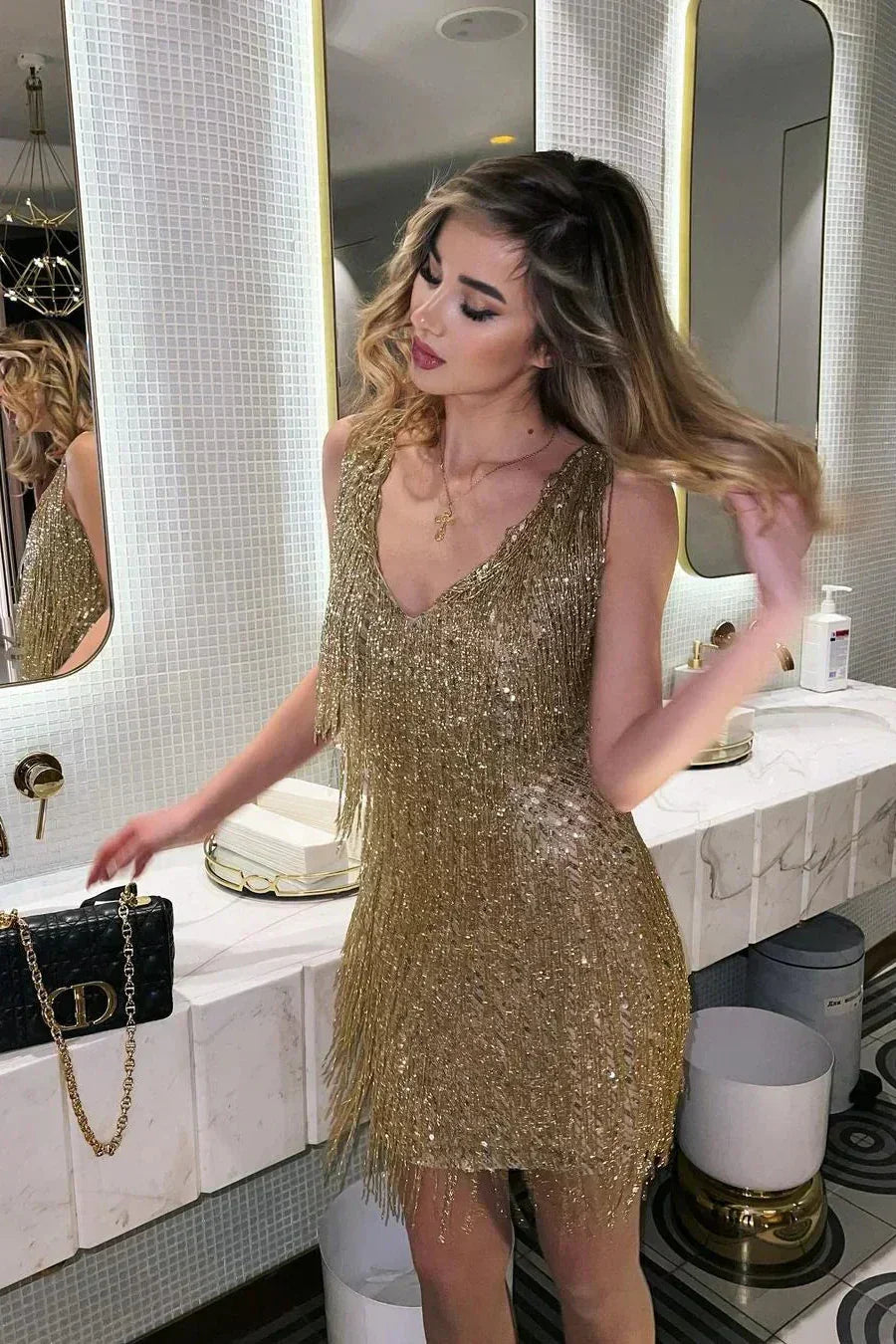 Women's sequin fringe mini cocktail dress