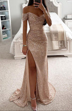 Women's sequin off-shoulder maxi evening dress