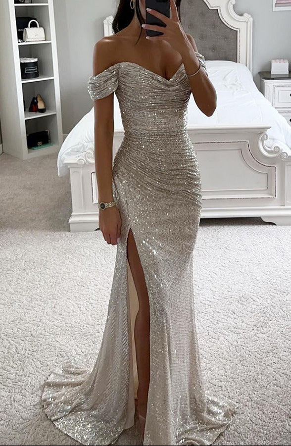 Women's sequin off-shoulder maxi evening dress