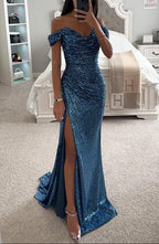 Women's sequin off-shoulder maxi evening dress