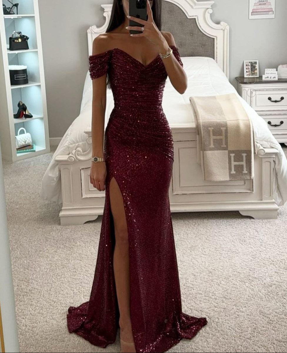 Women's sequin off-shoulder maxi evening dress