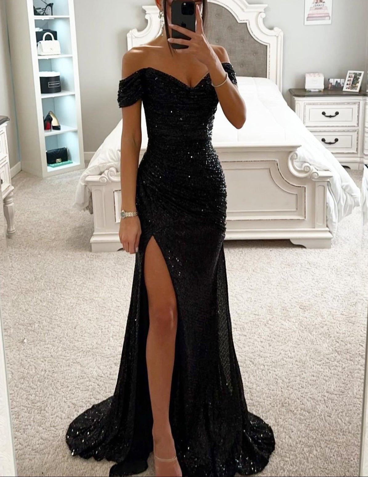 Women's sequin off-shoulder maxi evening dress