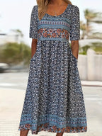 Women's short sleeve boho print midi dress