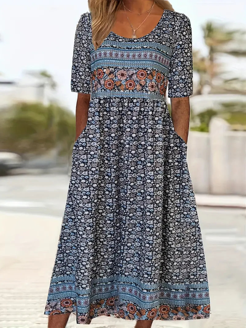 Women's short sleeve boho print midi dress