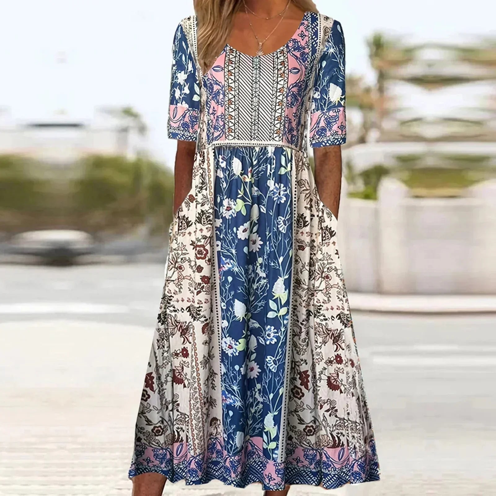 Women's short sleeve boho print midi dress