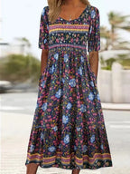Women's short sleeve boho print midi dress
