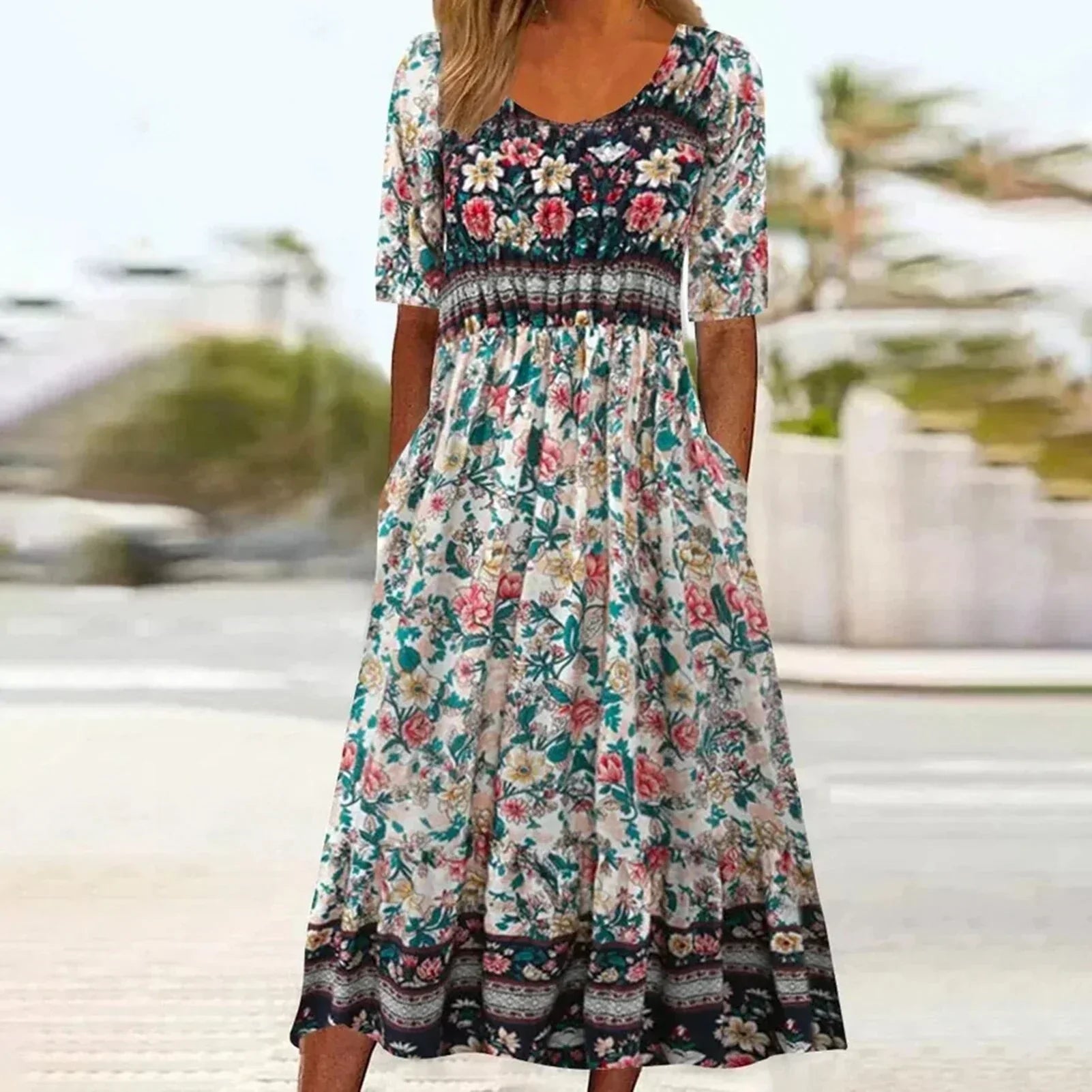 Women's short sleeve boho print midi dress