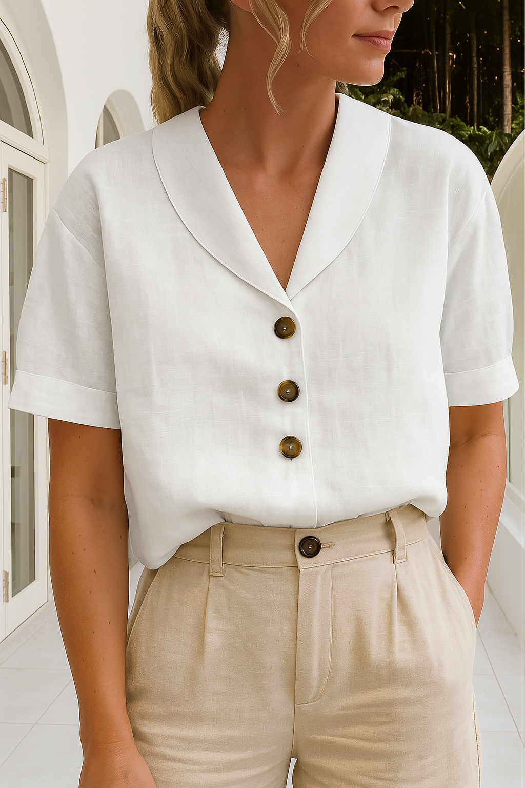Women's short sleeve button-front summer blouse