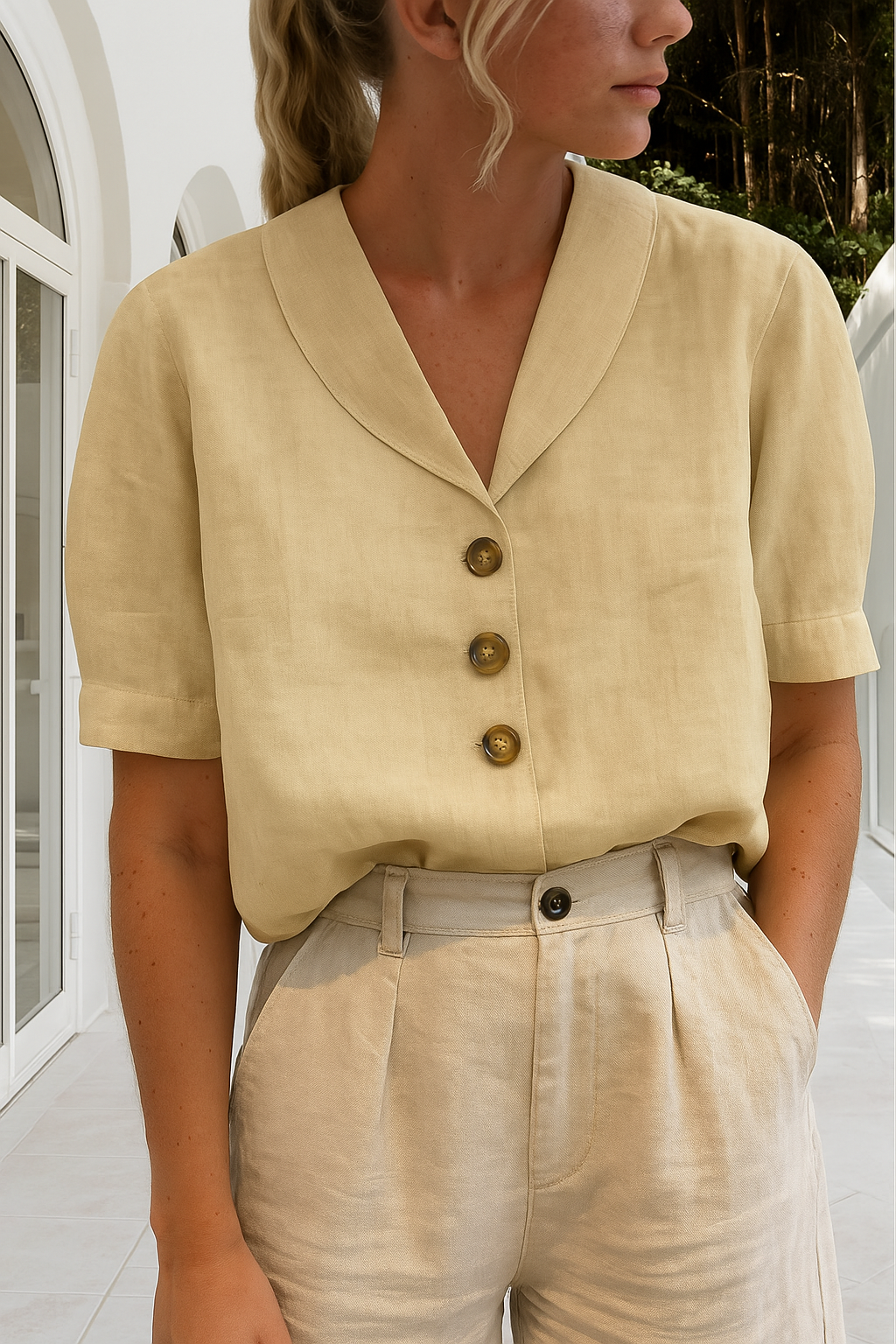 Women's short sleeve button-front summer blouse