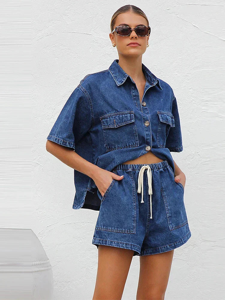 Women's short sleeve button-front two-piece set