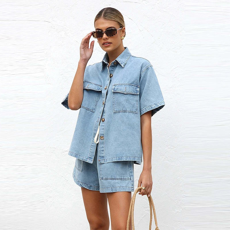 Women's short sleeve button-front two-piece set