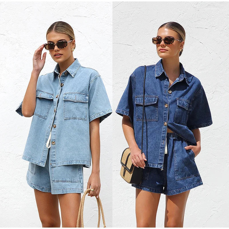 Women's short sleeve button-front two-piece set