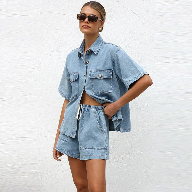 Women's short sleeve button-front two-piece set